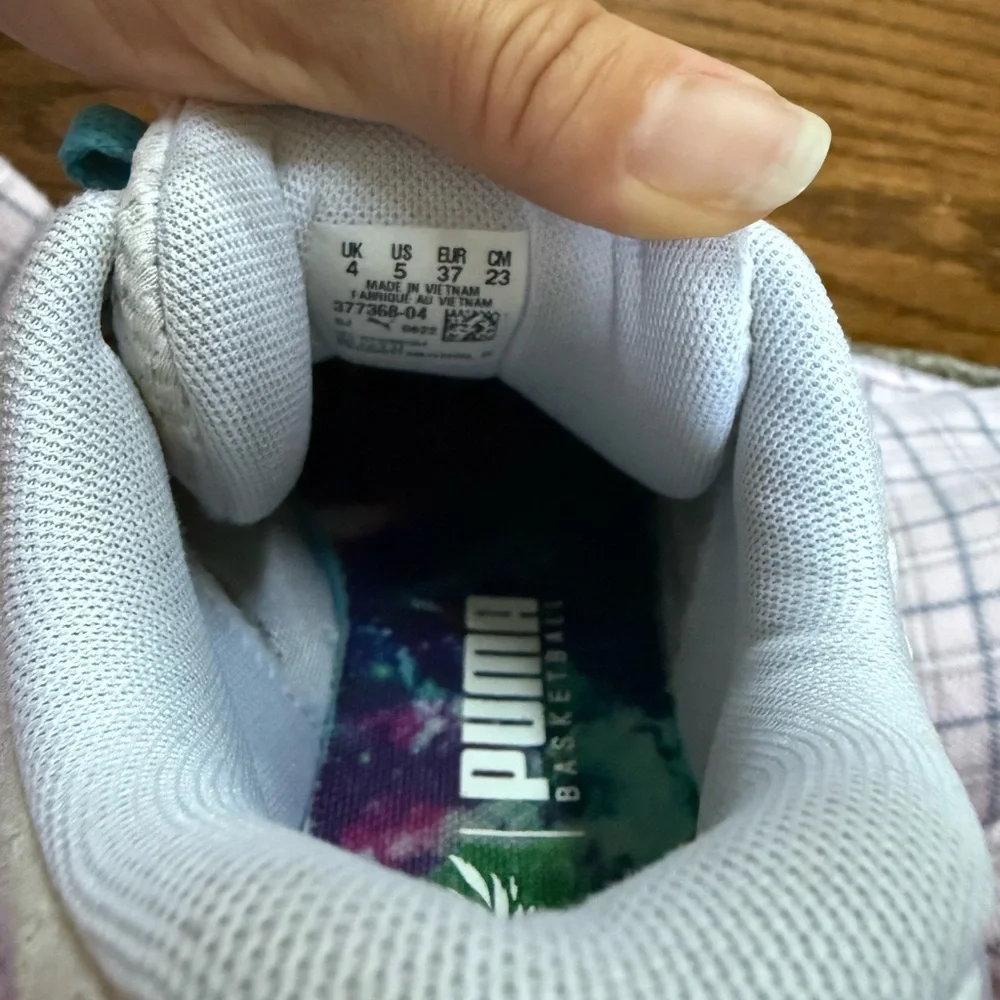 Kids' White M.E.L.O. Puma Basketball Sneakers with Pink and Teal Laces - Picture 4 of 5